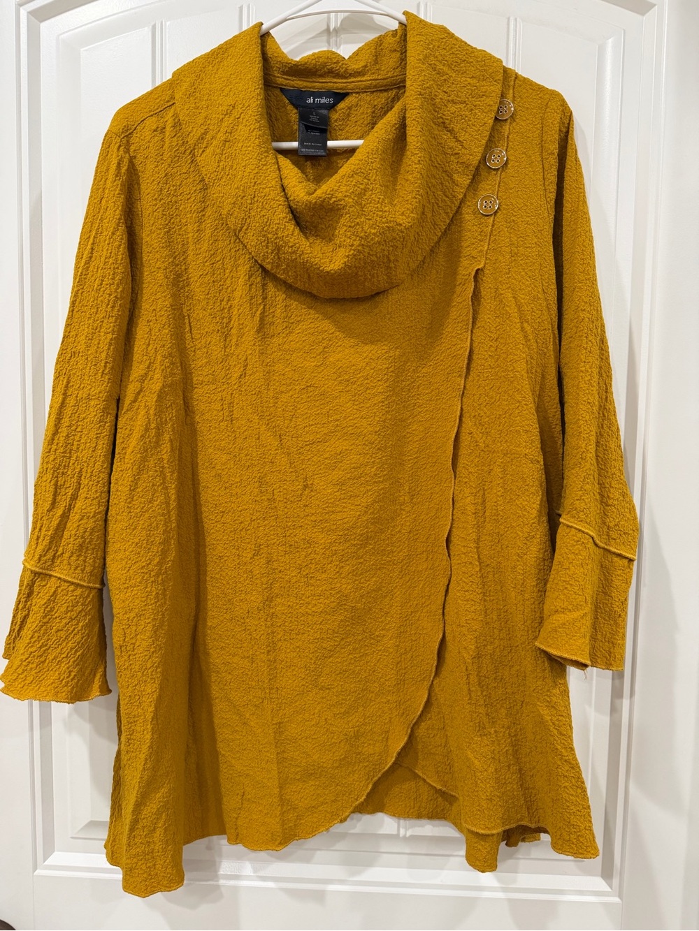 NWOT Ali Miles Mustard Wrap-Front Cowl Neck Tunic